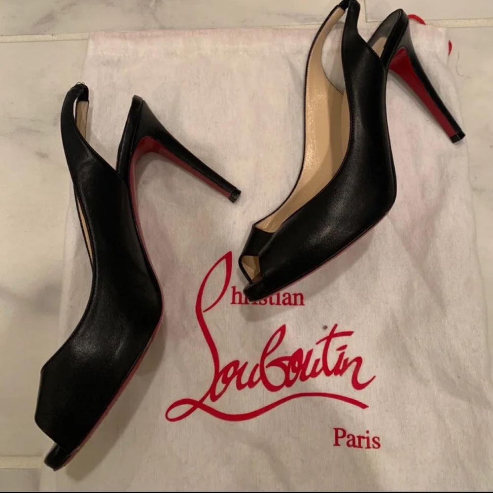 Christian louboutin black leather slingback heels